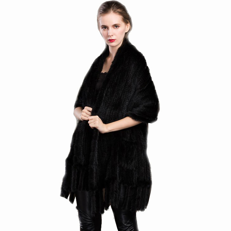 Thumbnail: Knitted Mink Fur Shawl with Fringes