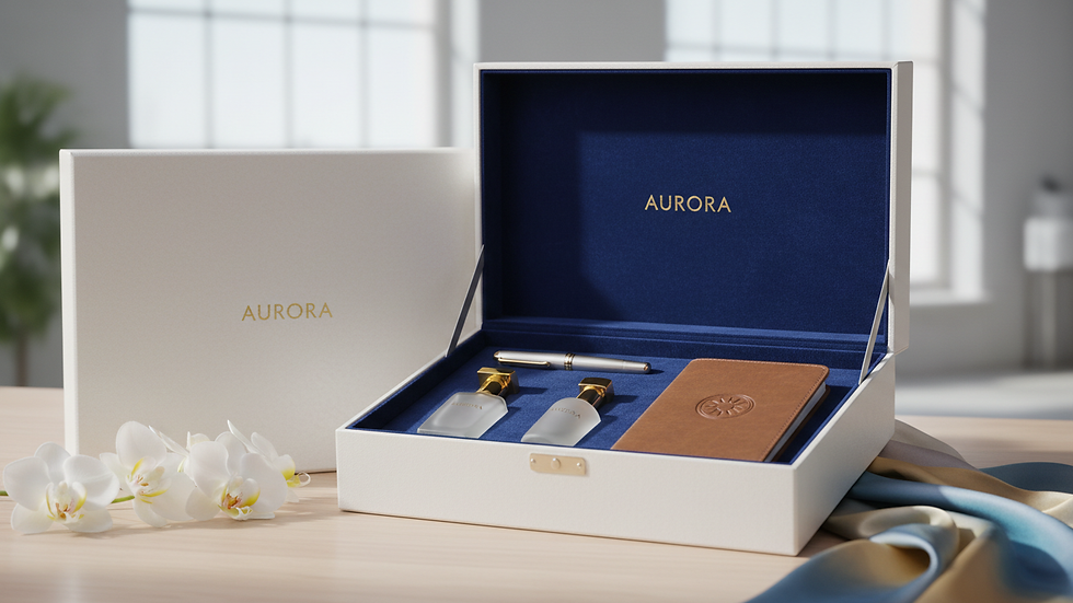 Eye-level view of a luxury rigid box with custom inserts and magnetic closure