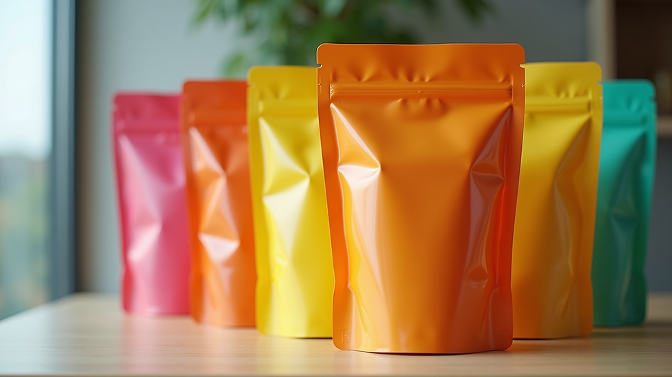 Close-up view of vibrant custom printed standup pouches