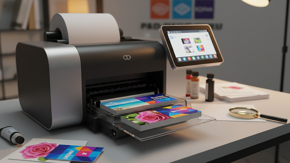 Eye-level view of a digital printer producing vibrant visiting cards