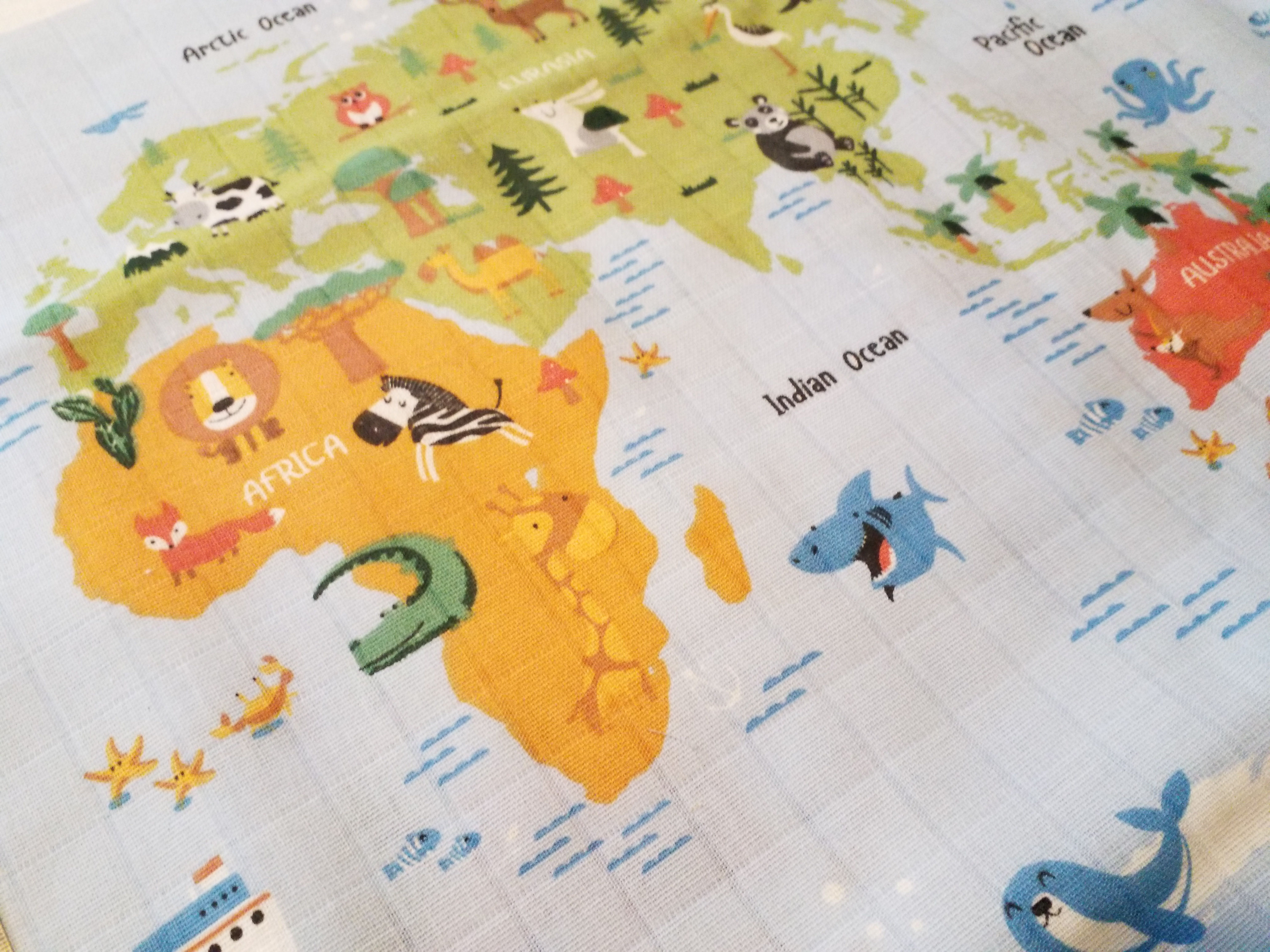 Map, animal atlas,  muslin, 100% cotton, Oeko-tex