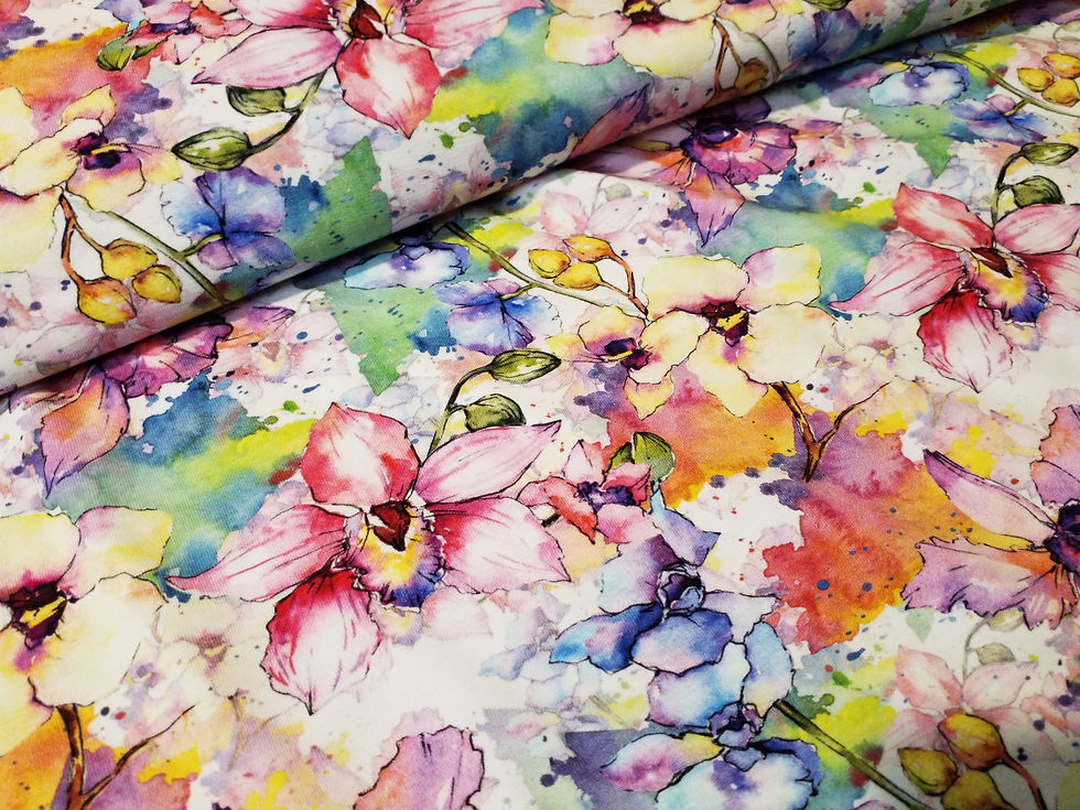 Thumbnail: Watercolour flowers, rainbow flowers, Cotton Elastane Jersey