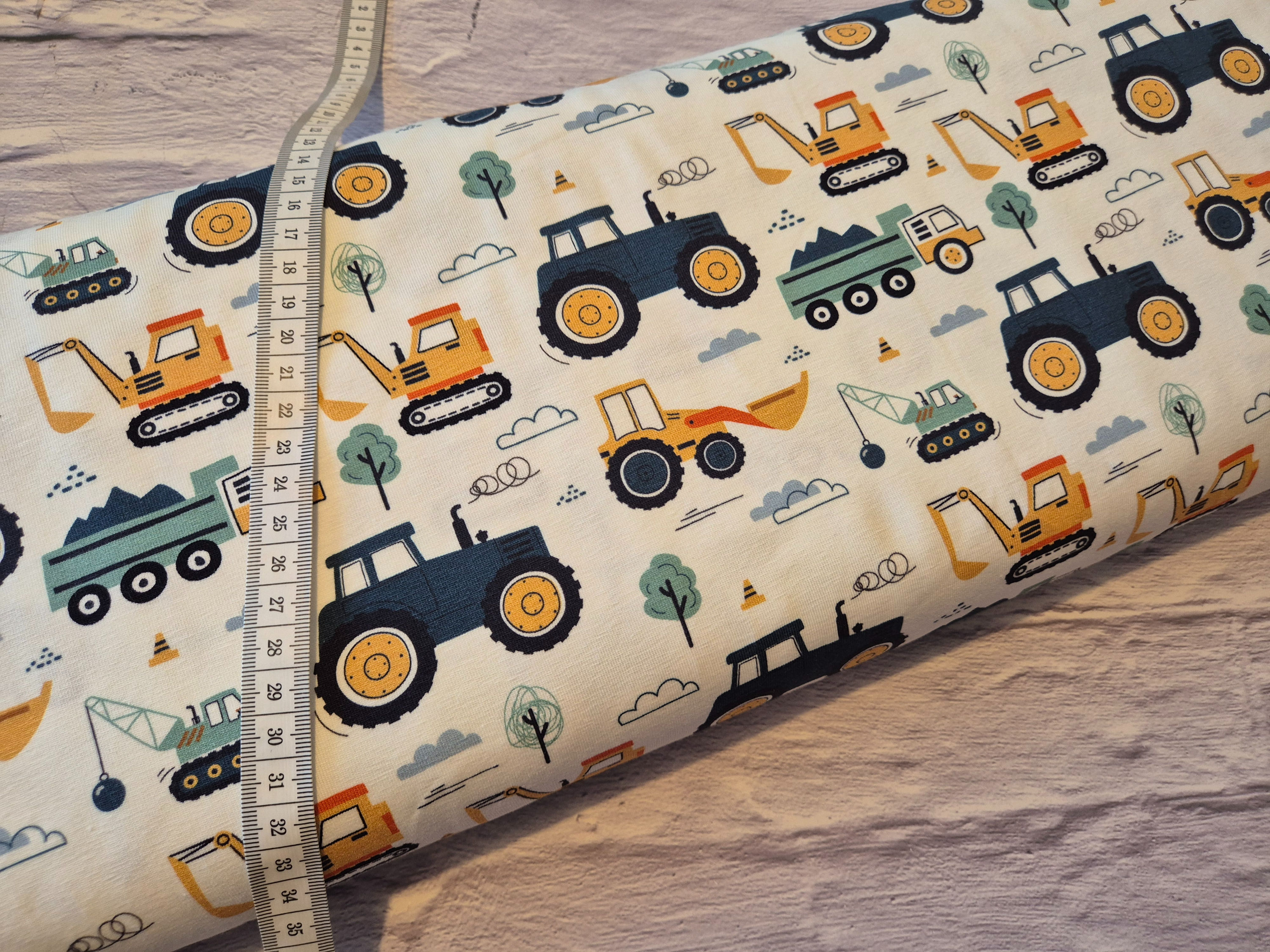 Tractors on white, Cotton elastane jersey