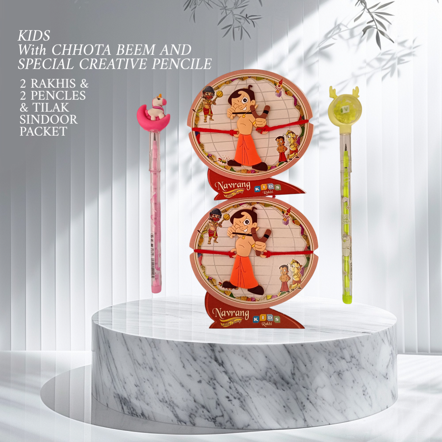 Kids Rakhi Combo Set | 2 Character Rakhis (Chhota Bheem & Unicorn) with 2 Creati