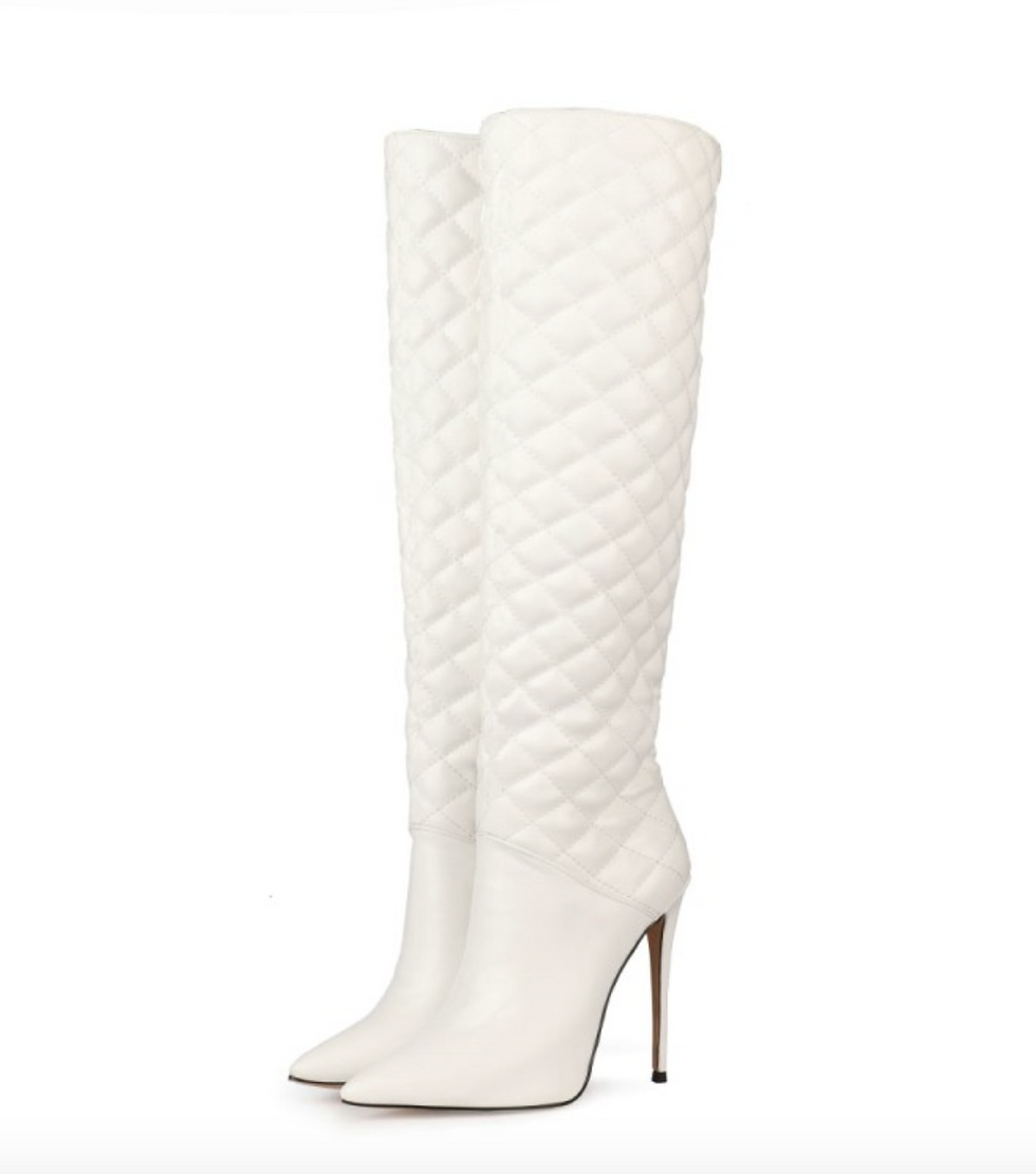 Thumbnail: Women's Knee High Padded Moto Boot Stiletto Heels