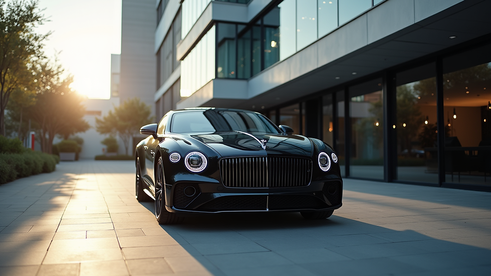 Eye-level view of a luxury black car parked outside a modern office building