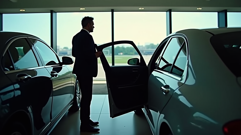 High angle view of a chauffeur opening a car door at Birmingham Airport