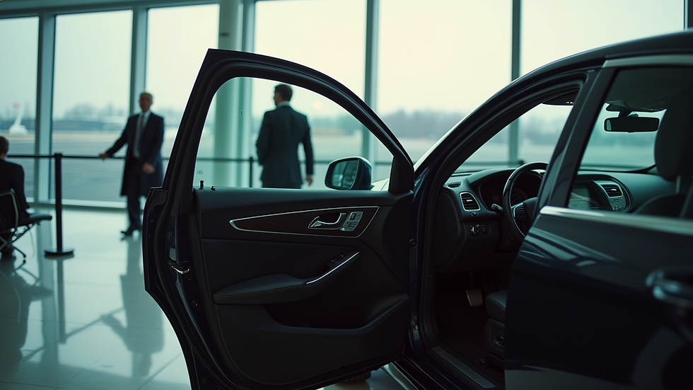 High angle view of a professional chauffeur opening a car door at an airport