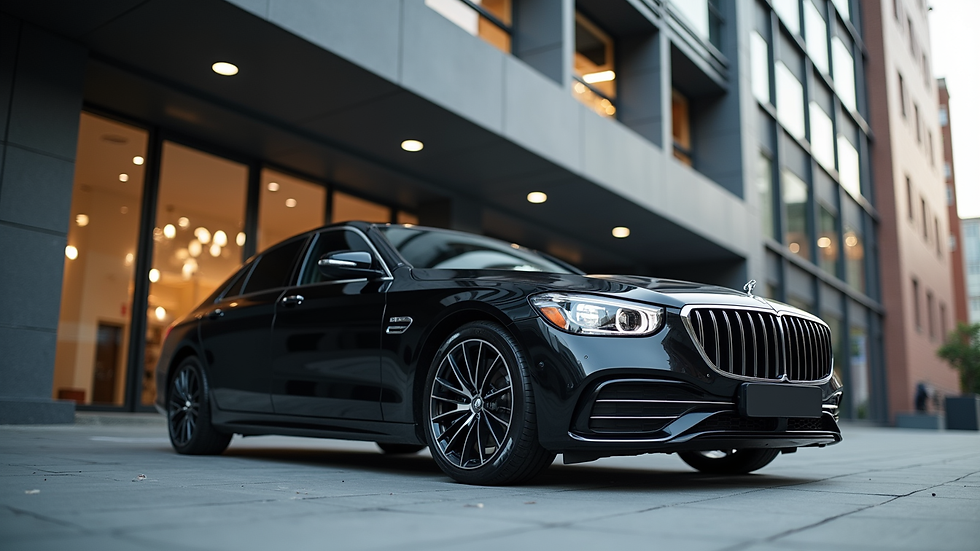 Eye-level view of a luxury black car parked outside a modern office building