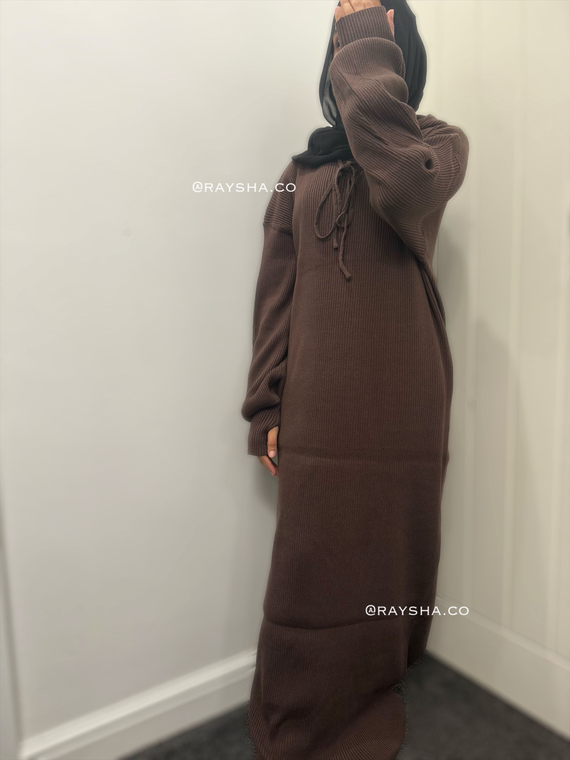 Rayshaco winter ribbed knit hood dress - brown