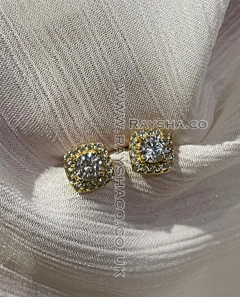 Thumbnail: 925 sterling silver gold plated diamond square stud earrings