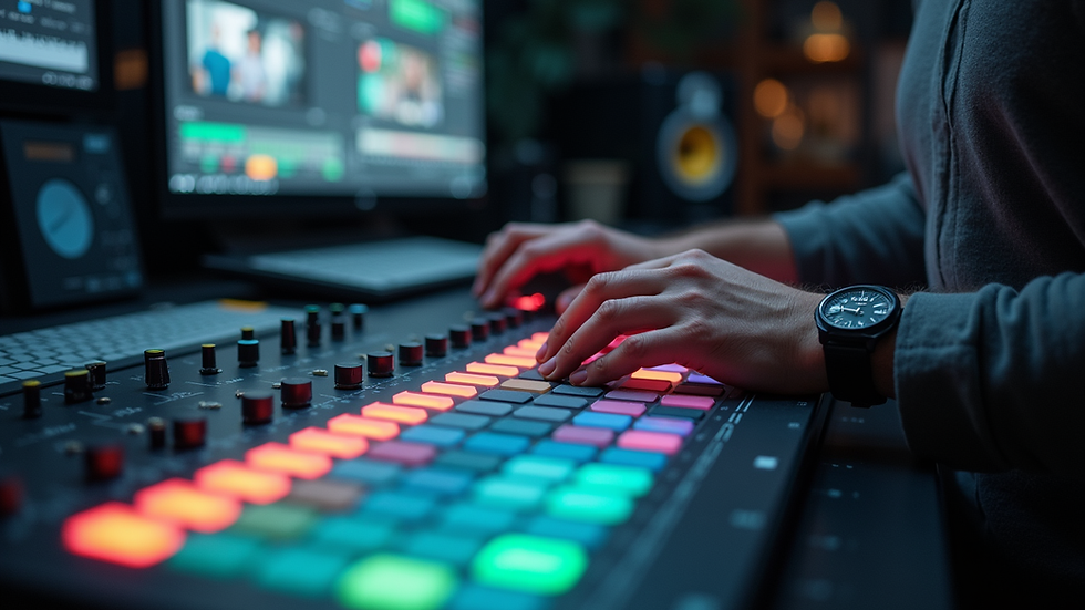 Close-up view of a colorist working on a color grading panel