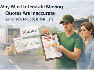 Illustration showing inaccurate interstate moving quotes, comparing a low fake estimate with a realistic price and highlighting a misleading moving quote during an interstate move