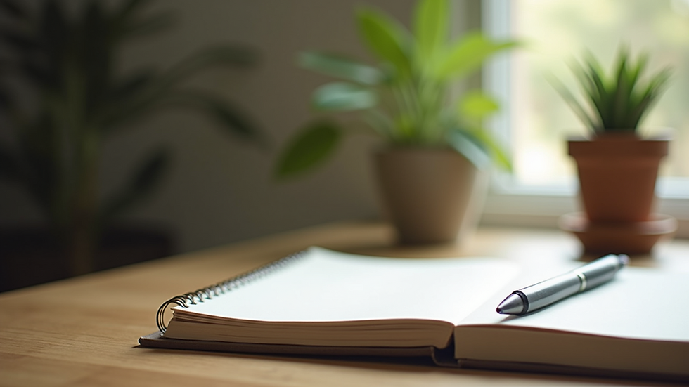 Eye-level view of a cozy workspace with a notebook and a plant