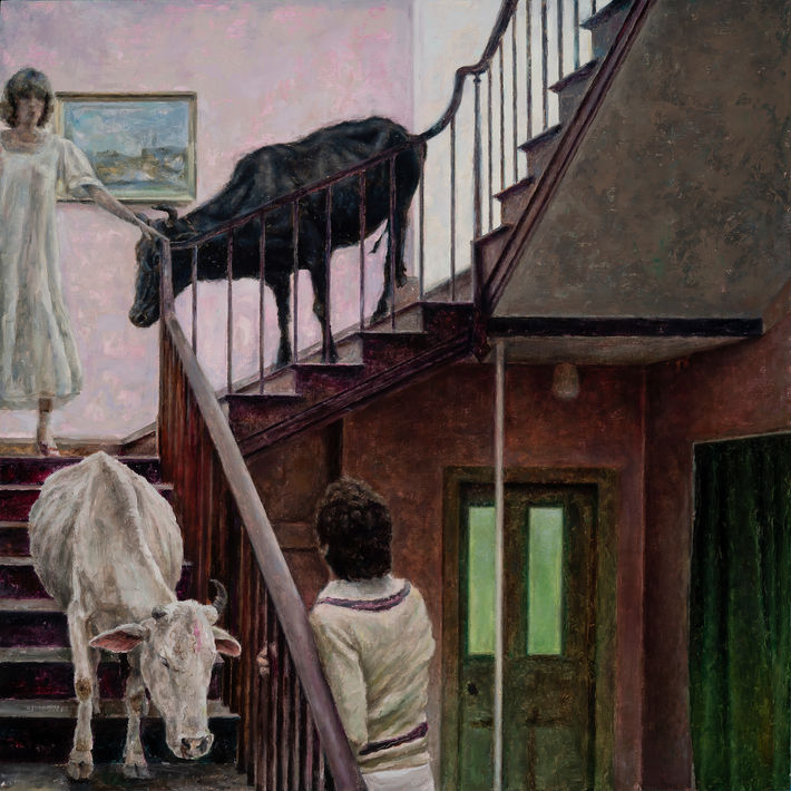 Figurative oil painting by visual artist Brian Sillman from the series Between the Joke and Me 