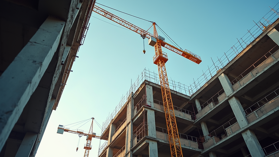 Eye-level view of a construction site with cranes and building framework