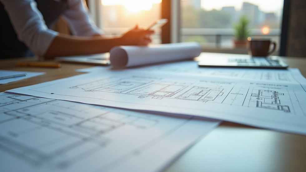 Close-up view of architectural blueprints and construction plans on a table