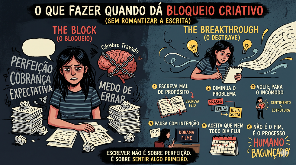 Ilustração sobre bloqueio criativo mostrando uma escritora frustrada cercada por papéis amassados, palavras como perfeição, cobrança e medo de errar, ao lado de um guia visual com dicas para destravar a escrita e voltar a criar sem perfeccionismo.