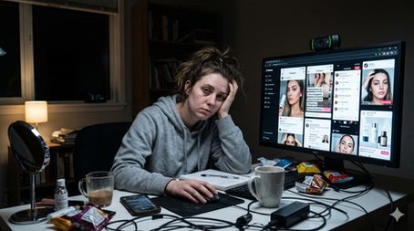 Mulher cansada diante de uma câmera e computador durante a madrugada, representando pressão estética feminina e exaustão emocional causada pela internet.