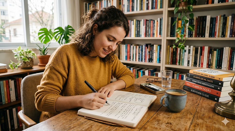 Pessoa escrevendo em um caderno ao lado de livros e café, representando o início do processo criativo de escrever um livro do zero.