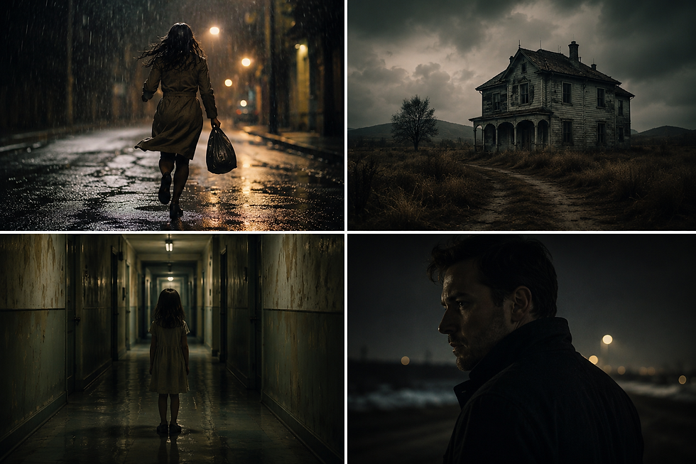 Colagem com imagens sombrias inspiradoras para microcontos: mulher correndo na chuva, casa abandonada, criança sozinha em corredor escuro e homem olhando para fora da câmera.