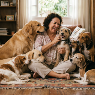 Mulher sentada no chão cercada por cães, representando afeto, acolhimento e a conexão emocional entre humanos e pets.