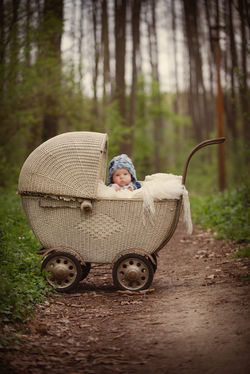 chlapec v retro kočárku