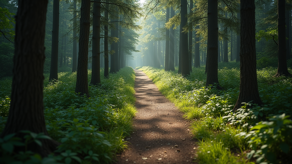 High angle view of a winding path through a forest representing a journey