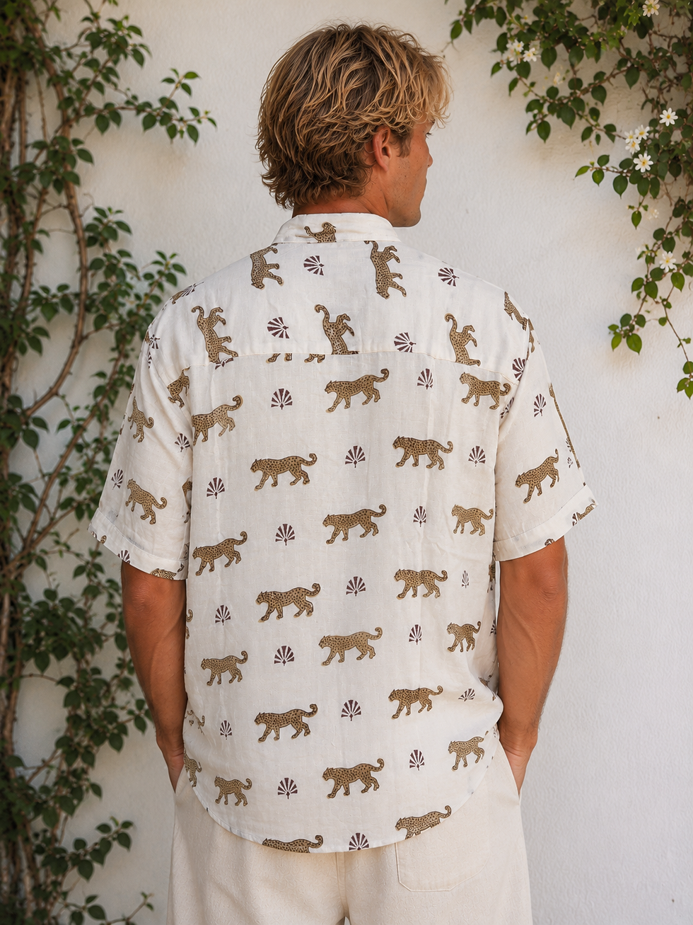 Thumbnail: Men's Block Print Airy Muslin Shirt ~ White Leopard