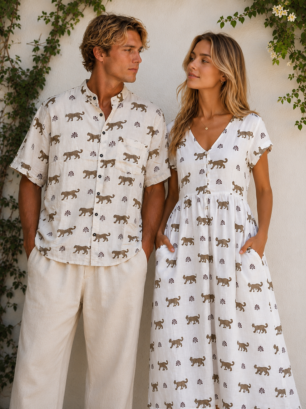 Thumbnail: Men's Block Print Airy Muslin Shirt ~ White Leopard
