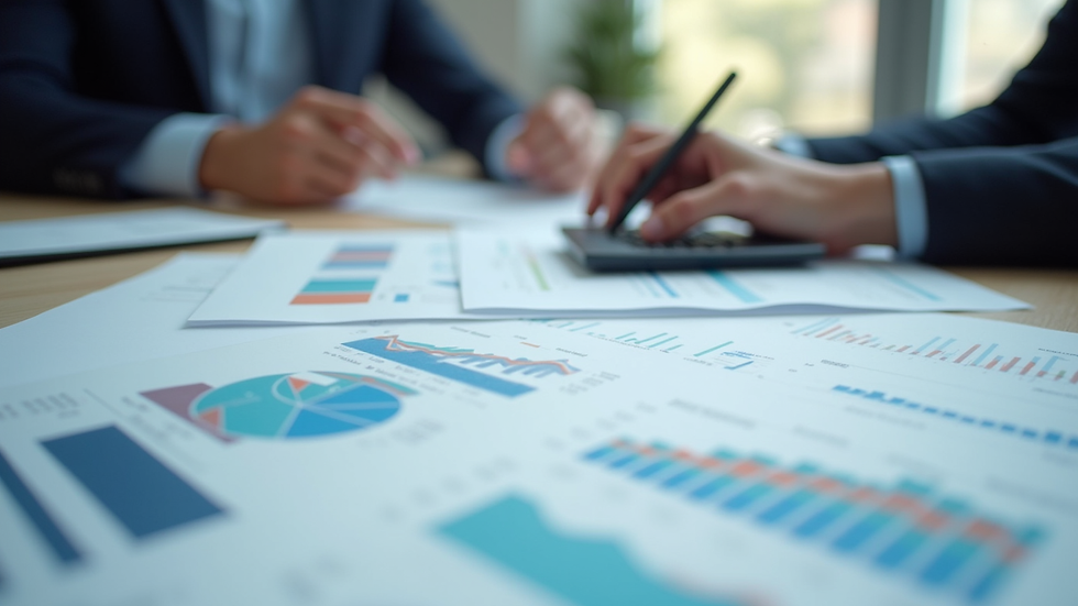 Close-up view of a business meeting with financial charts and a calculator