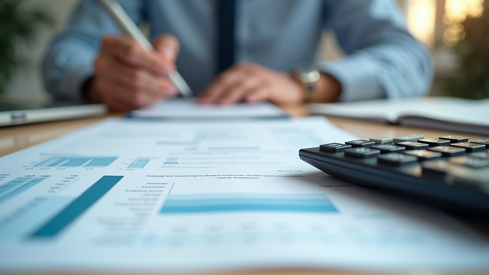 Close-up view of financial documents and calculator on a desk