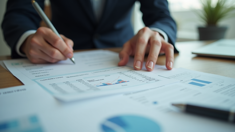 Close-up view of a business owner reviewing invoices and financial documents on a desk