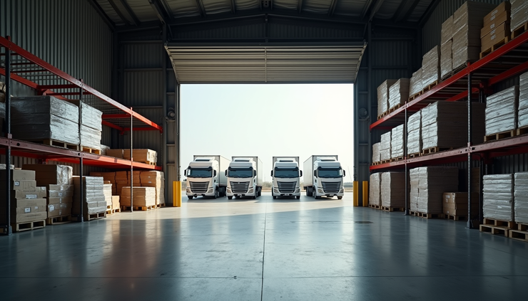 Eye-level view of a warehouse with stacked goods and delivery trucks outside