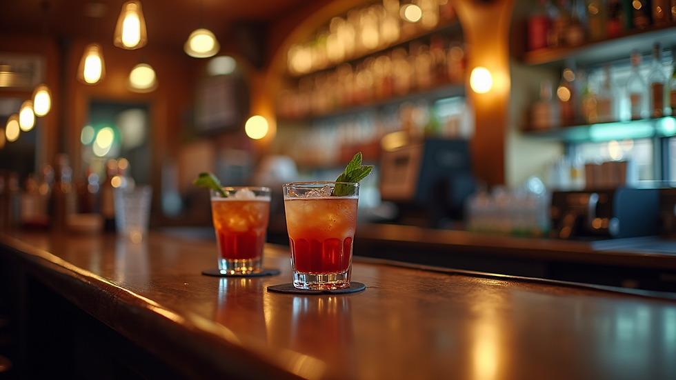 Close-up view of a busy pub bar counter with drinks and cash register