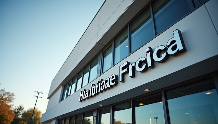 Eye-level view of a modern commercial building with clear signage for a healthcare facility