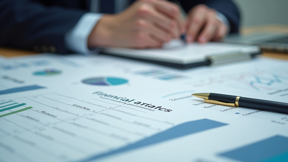 Wide angle view of a collection of financial documents and reports on a table
