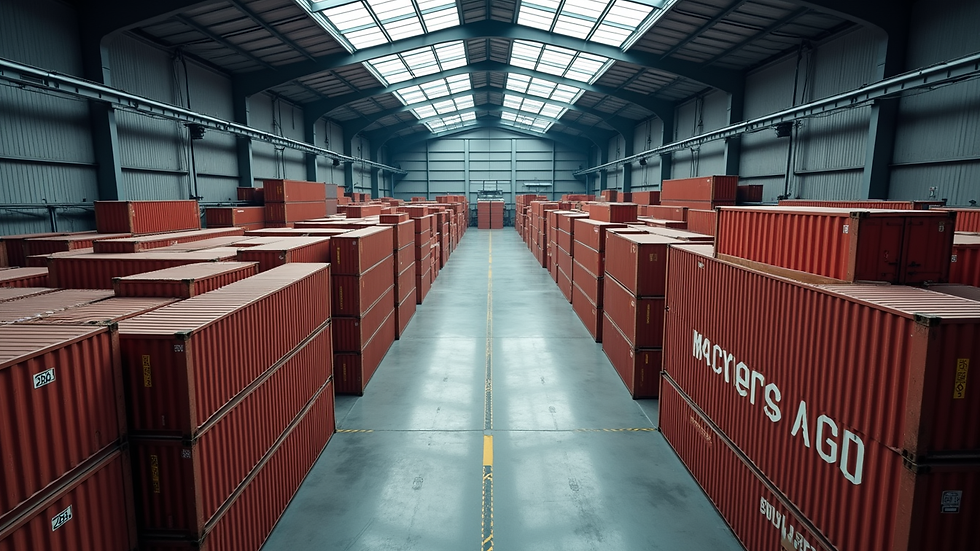 High angle view of a warehouse with stacked shipping containers