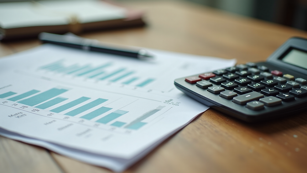 High angle view of a calculator and business loan documents on a wooden table