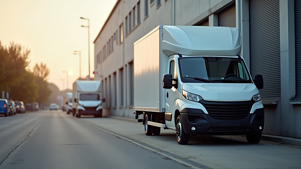 Close-up view of a new delivery van parked outside a warehouse