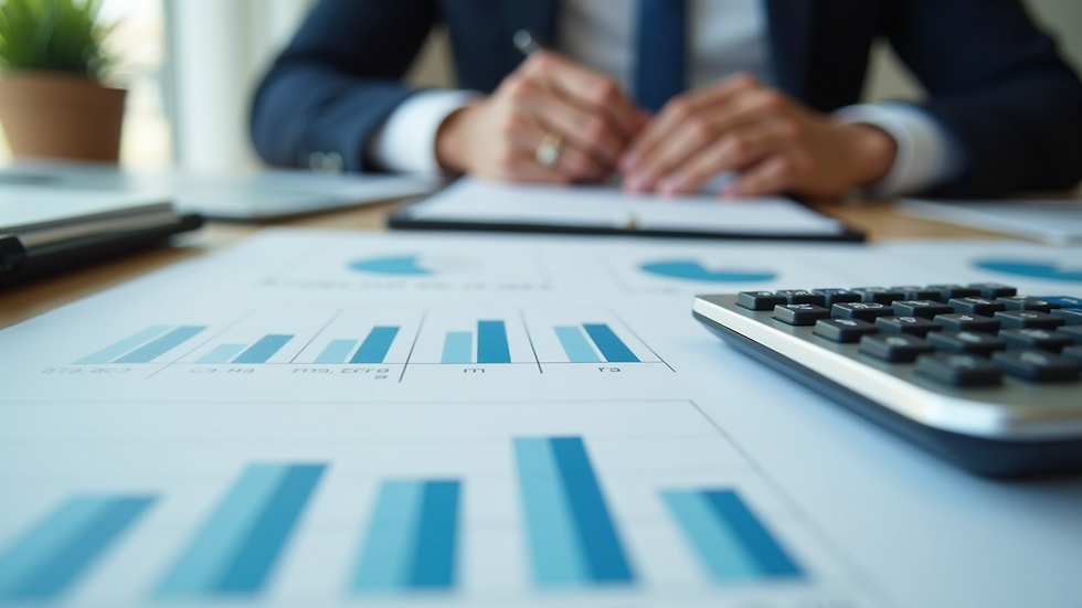 Close-up view of a business meeting with financial charts and a calculator