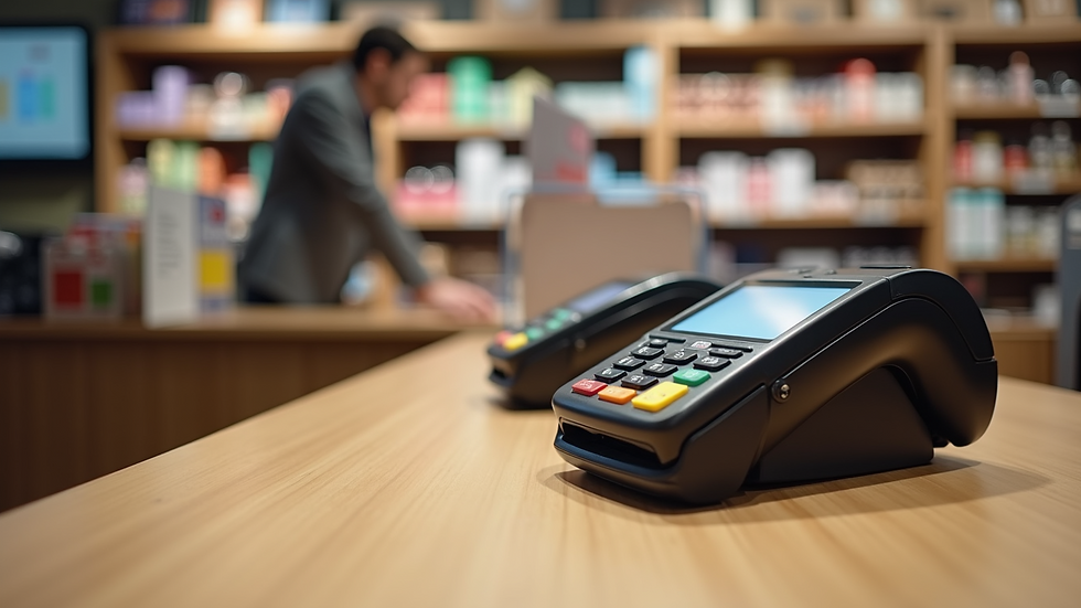 Eye-level view of a modern retail checkout counter with a contactless payment terminal