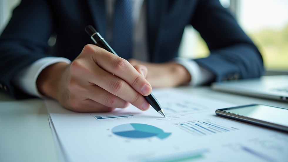 Close-up view of a businessperson reviewing financial documents