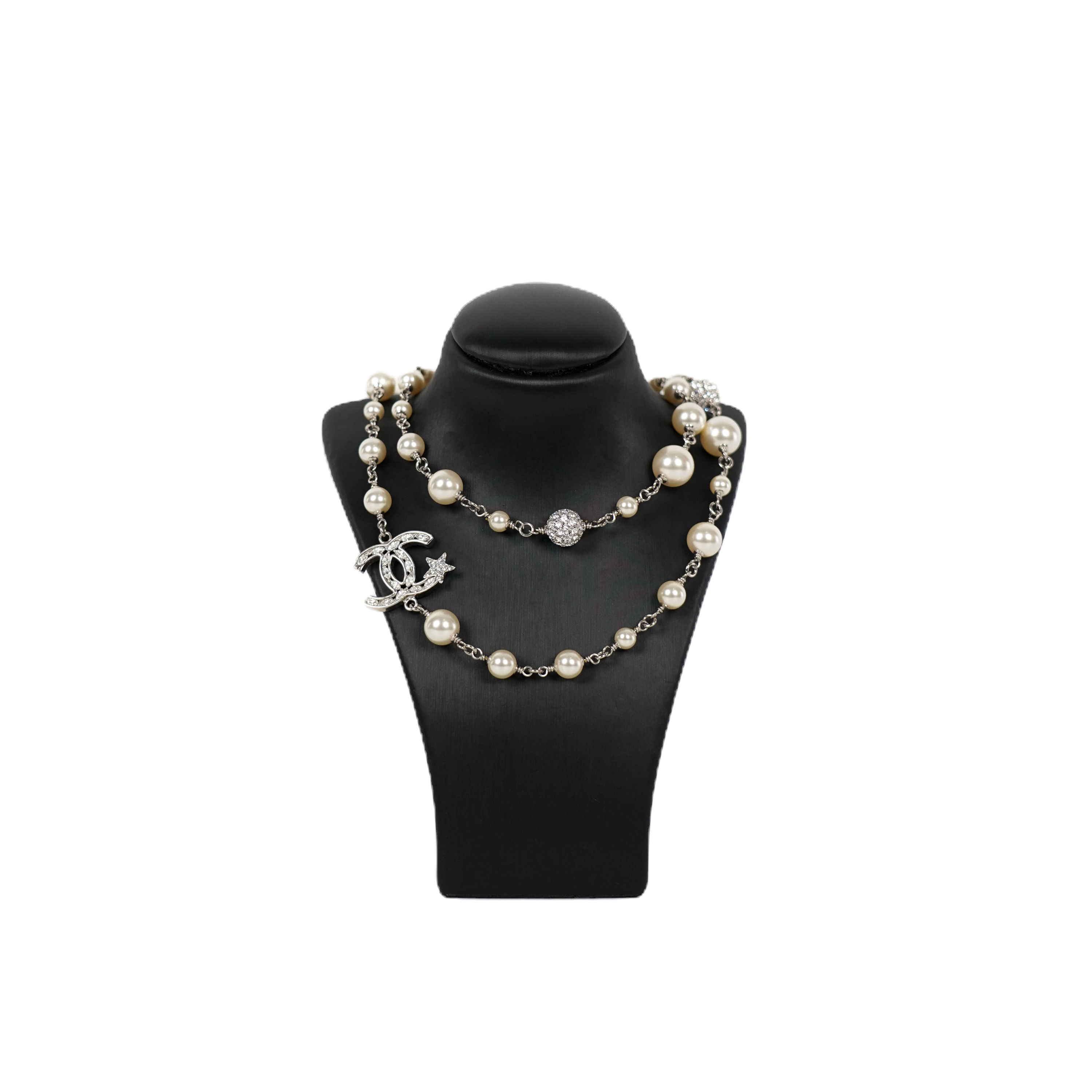 CHANEL 21K Snow Queen Pearl Long Necklace Crystal CC
