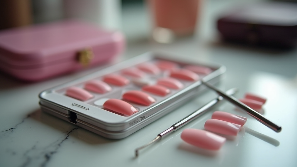 Eye-level view of a press-on nail kit with tools