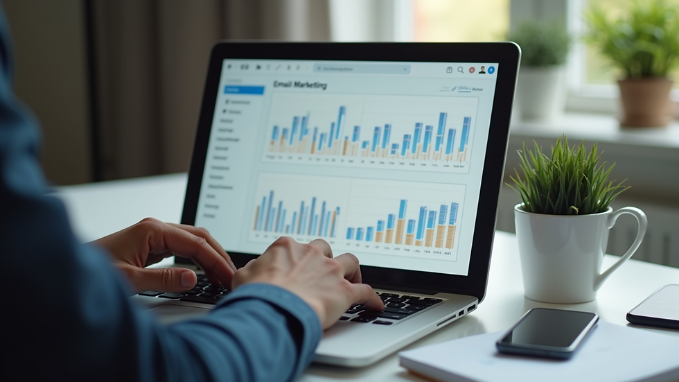 Close-up view of a person typing on a laptop with an email marketing dashboard on screen