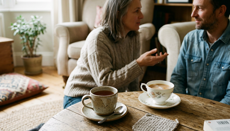 Close-up view of two cups of tea on a small wooden table during a calm conversation