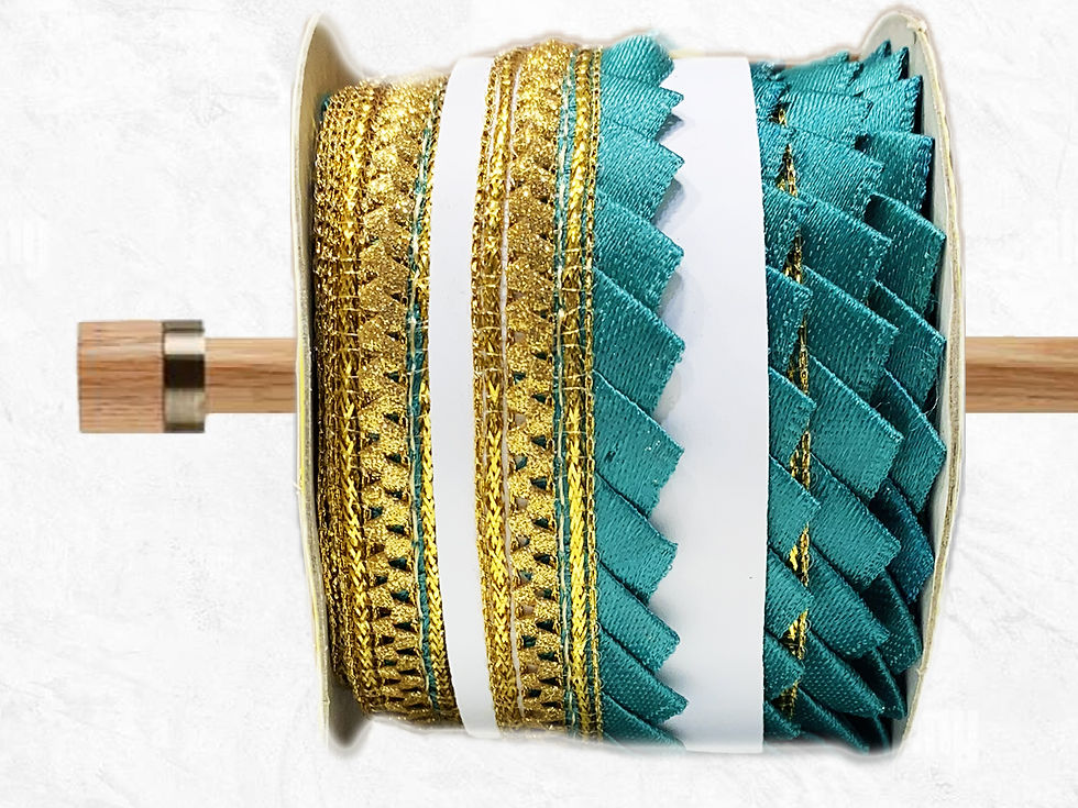 Satin Pleated Ribbon with Metallic Crochet Trim in Turquoise color