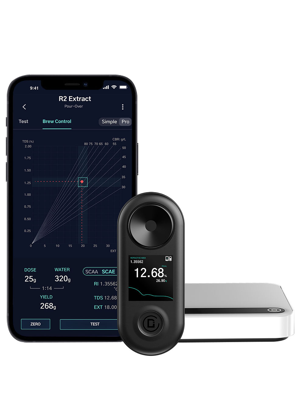 Telefon med DiFluid Brew Control System app, refraktometer og vekt.