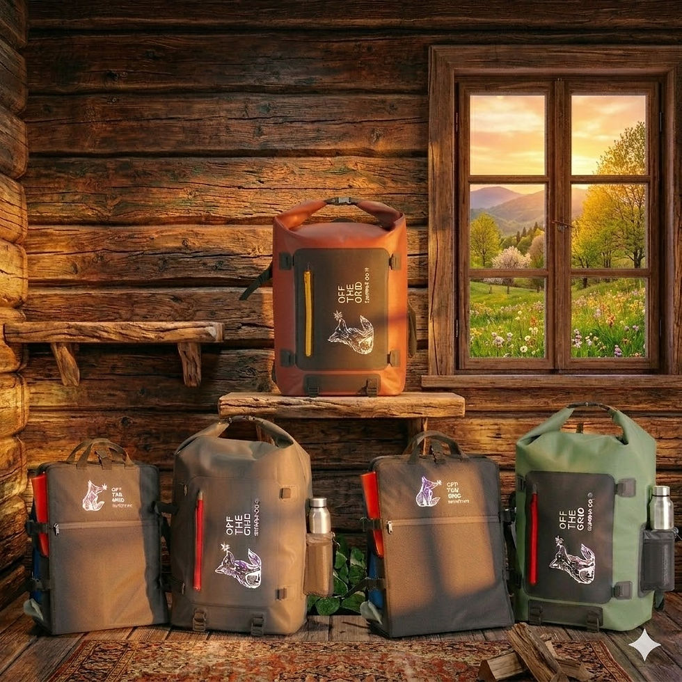 Backpacks in black, green, and orange with animal designs and "OFF THE GRID" text on shelves in a wooden cabin with a forest view.